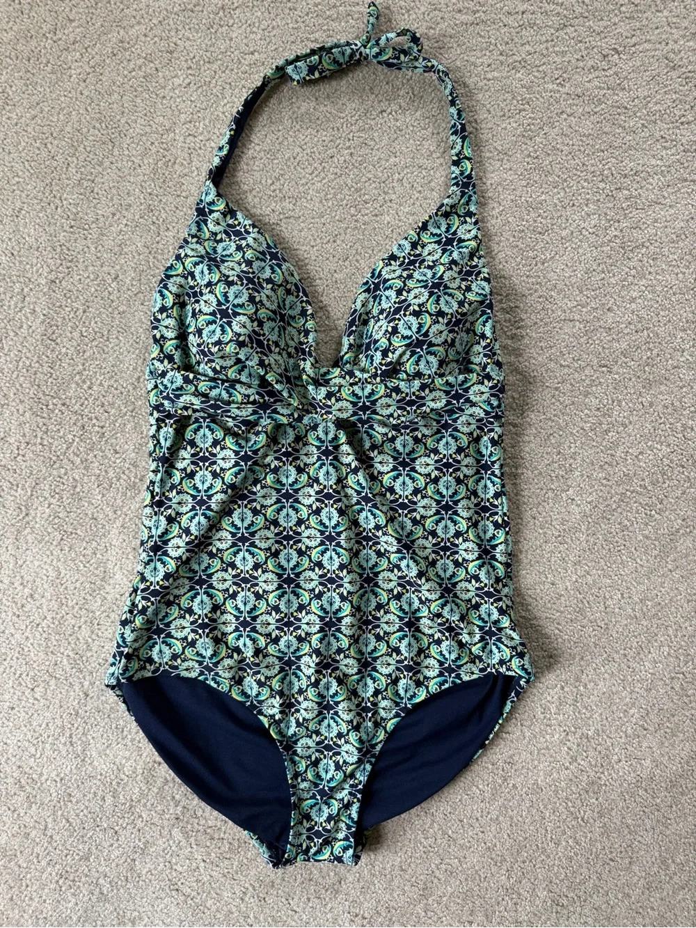 Merona Green and Navy Patterned Halter One-Piece Swimsuit Large